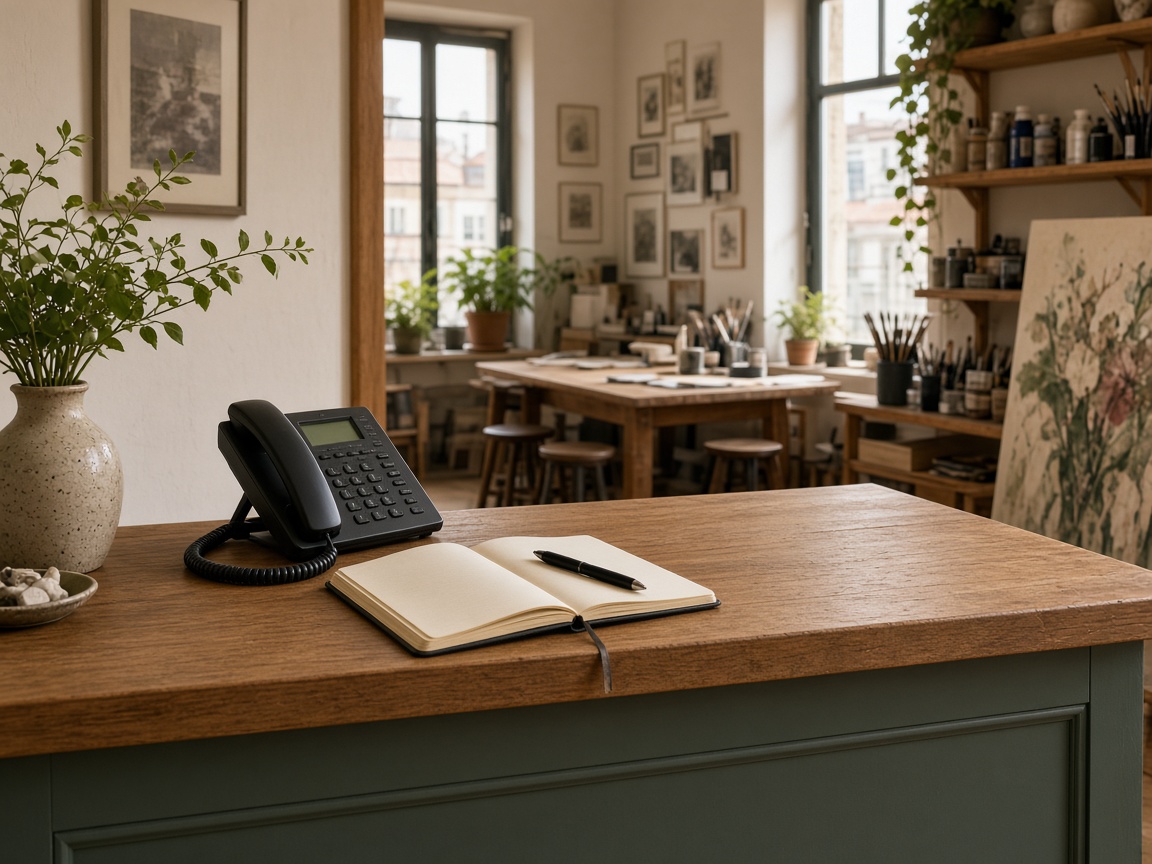 Contact desk at Dawnfield Art Studio in Porto